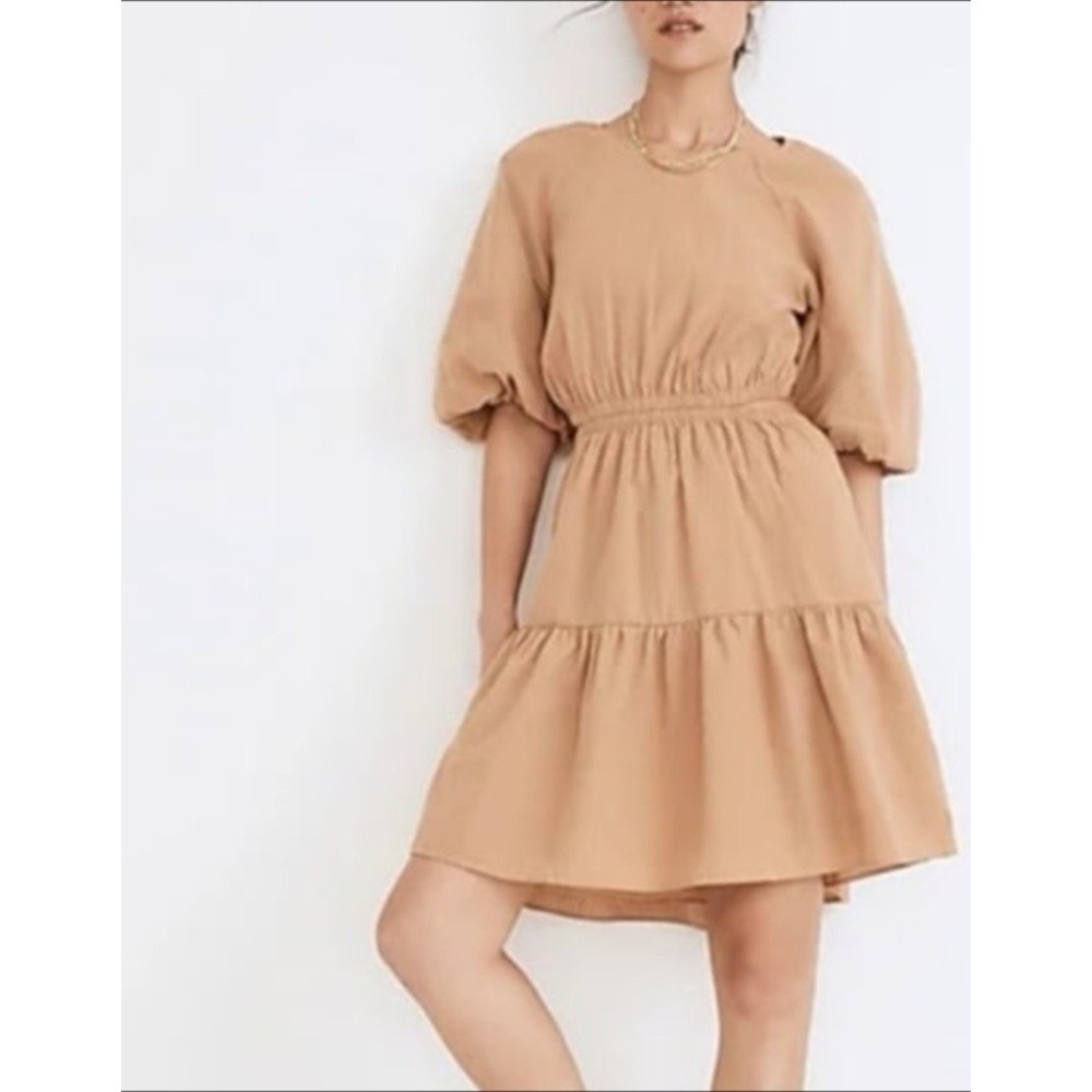 Madewell XL Tan Brown Mini Dress Puff Sleeve Buttons Open Back NWT $118